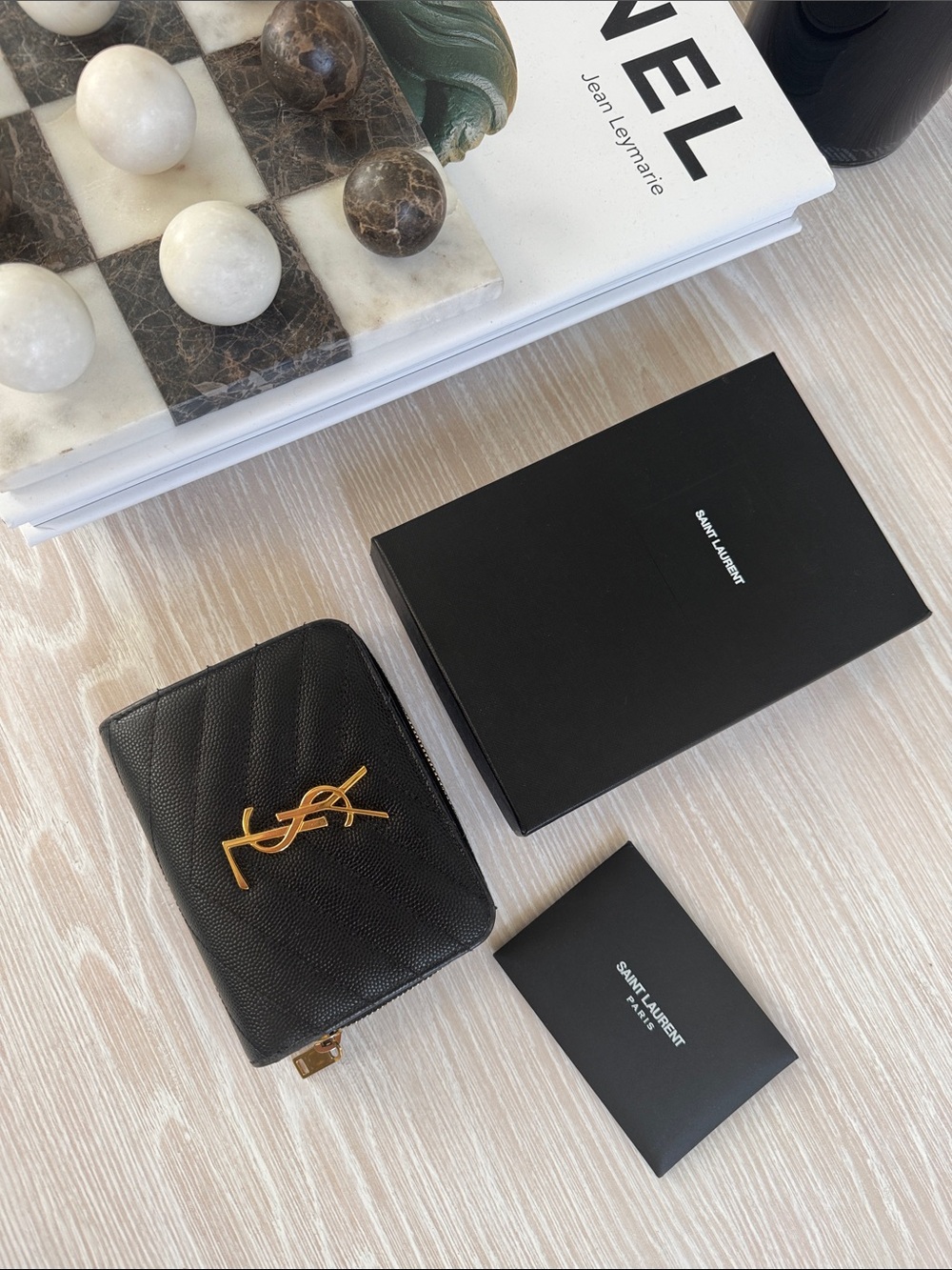 Saint Laurent Black Quilted Leather Zip Wallet with Gold YSL Logo